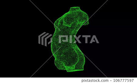 3D Bust of a pregnant woman on black bg. Object dissolved green flickering particles. Business advertising backdrop. Science concept. For title, text, presentation. 3D animation. 3D Bust of a pregnant woman on black bg. Object dissolved green flickering particles. Business advertising backdrop. Science concept. For title, text, presentation. 3D animation. 106777597