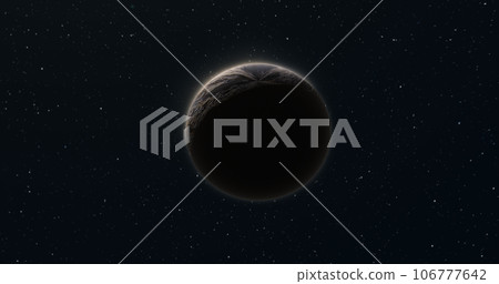 Abstract realistic space planet round sphere with a stone relief surface in space against the background of stars Abstract realistic space planet round sphere with a stone relief surface in space against the background of stars 106777642