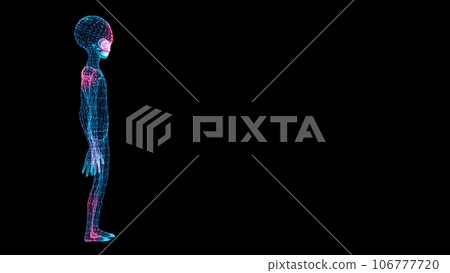 3D Alien Scan with copy space on black bg. Green Man Extra Terrestrial life-form. UFO concept. For title, text, presentation. Alien scan. 3d animation . 106777720