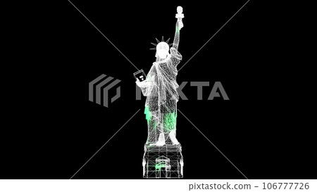 3D Statue of Liberty scan on black bg. Architectural and tourist concept. For title, text, presentation. Shimmering particles. 3D animation . 3D Statue of Liberty scan on black bg. Architectural and tourist concept. For title, text, presentation. Shimmering particles. 3D animation . 106777726