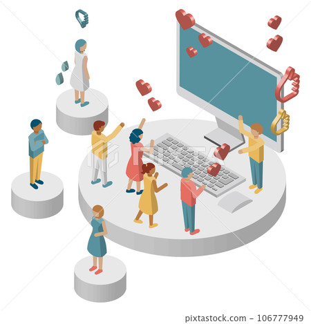 Isometric illustrations of people reacting in various ways to information on the internet Isometric illustrations of people reacting in various ways to information on the internet 106777949