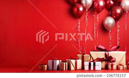 Christmas gifts and red balloons, shiny holiday backgroundt. Winter holidays card: Merry Christmas or Happy New Year Christmas gifts and red balloons, shiny holiday backgroundt. Winter holidays card: Merry Christmas or Happy New Year 106778157