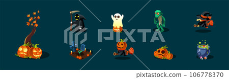 Halloween Holiday Creepy and Scary Object Vector Set 106778370