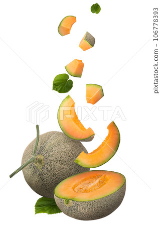 Whole and Slice of Orange japanese Melons or cantaloupe melon with leaves isolated on a white background 106778393