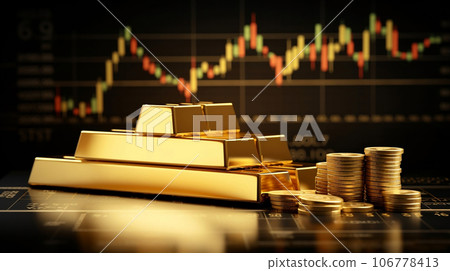 Gold bars and coins with uptrend graph, gold trading and investment concept illustration. Generative AI Gold bars and coins with uptrend graph, gold trading and investment concept illustration. Generative AI 106778413