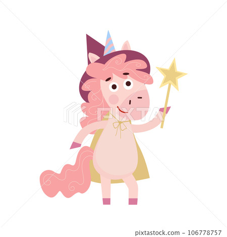 Funny cartoon child Unicorn. Happy unicorn character holding magic wand. Isolated vector illustration Funny cartoon child Unicorn. Happy unicorn character holding magic wand. Isolated vector illustration 106778757