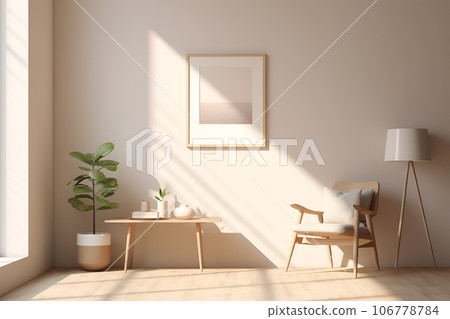 Cozy living room beige interior with wooden chair, coffee table, flowerpot 106778784