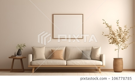 Warm living room beige interior with mock up poster frame template, painting Warm living room beige interior with mock up poster frame template, painting 106778785