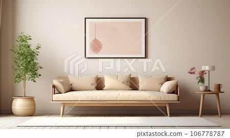 Warm living room beige interior with mock up poster frame template, painting Warm living room beige interior with mock up poster frame template, painting 106778787