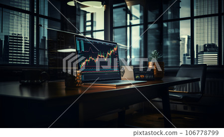 Laptop with graphs, charts, diagrams on screen on table at office desk 106778799