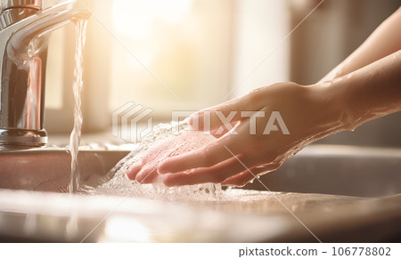 Woman washing, cleaning hands using soap under warm water in bathroom Woman washing, cleaning hands using soap under warm water in bathroom 106778802
