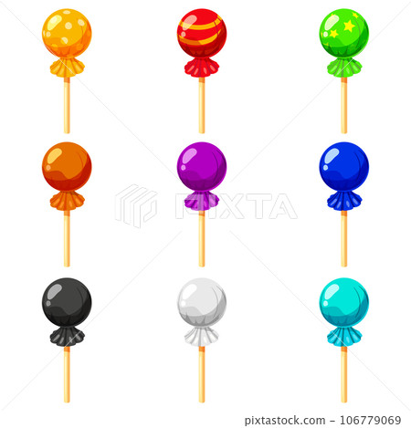 Set of Candy on a stick isometric 3d sweet. Lollipop caramel vector Set of Candy on a stick isometric 3d sweet. Lollipop caramel vector 106779069