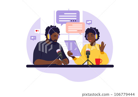 African people recording podcast in studio. Radio host with table flat vector illustration. African people recording podcast in studio. Radio host with table flat vector illustration. 106779444