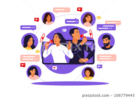 Woman and man with megaphone on screen mobile phone and young people surrounding her. Vector illustrationwith characters - influence blogger promotion services and goods for his followers online. Woman and man with megaphone on screen mobile phone and young people surrounding her. Vector illustrationwith characters - influence blogger promotion services and goods for his followers online. 106779445