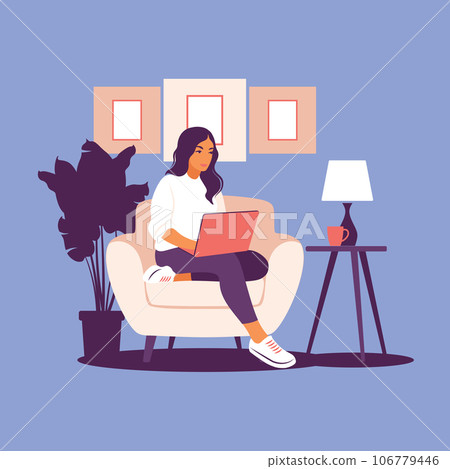 Woman sitting with laptop. Concept illustration for working, studying, education, work from home, healthy lifestyle. Can use for backgrounds, infographics, hero images. Flat. Vector illustration. 106779446