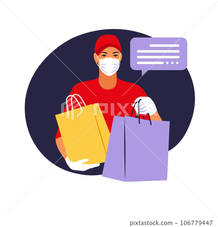 Delivery of goods during the prevention of coronovirus, Covid-19. Courier in a face mask with a box in his hands. Portrait from the waist up. Vector flat illustration. Delivery of goods during the prevention of coronovirus, Covid-19. Courier in a face mask with a box in his hands. Portrait from the waist up. Vector flat illustration. 106779447