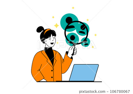 Target audience concept with people scene in flat web design. Woman with magnifier studying customers focus group for lead generation. Vector illustration for social media banner, marketing material. Target audience concept with people scene in flat web design. Woman with magnifier studying customers focus group for lead generation. Vector illustration for social media banner, marketing material. 106780067