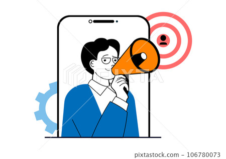 Target audience concept with people scene in flat web design. Man with megaphone promoting and attracting focus group of new clients. Vector illustration for social media banner, marketing material. 106780073