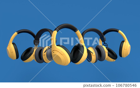 Many flying gamer gears like headphones on blue background 106780546