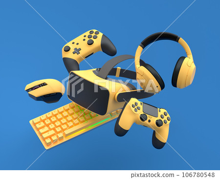 Top view gamer gears like joystick, keyboard, headphones and VR glasses 106780548