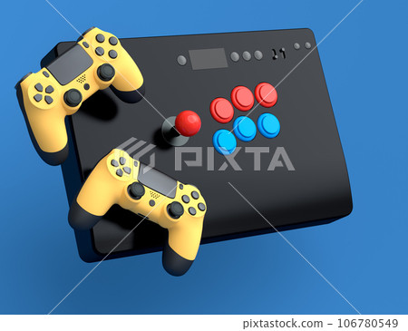 Top view gamer gears like joystick and vintage arcade stick on blue background 106780549