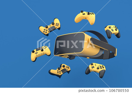 Top view gamer gears like joystick and VR glasses on blue background 106780550