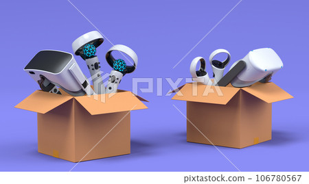 Set of virtual reality glasses and controllers in cardboard box on violet Set of virtual reality glasses and controllers in cardboard box on violet 106780567