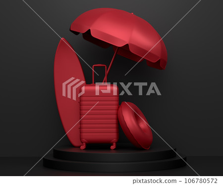 Beach surf, chair, umbrellas and lugagge on podium on monochrome background. Beach surf, chair, umbrellas and lugagge on podium on monochrome background. 106780572
