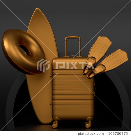 Luggage with beach accessories on podium on monochrome background. 106780573
