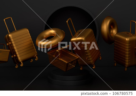 Luggage with beach accessories on podium on monochrome background. Luggage with beach accessories on podium on monochrome background. 106780575
