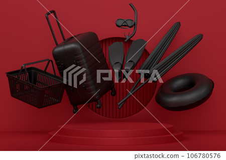 Beach surf, chair, umbrellas and lugagge on podium on monochrome background. 106780576