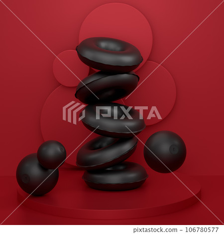 Inflatable rings and beach ball on podium on monochrome background. Inflatable rings and beach ball on podium on monochrome background. 106780577