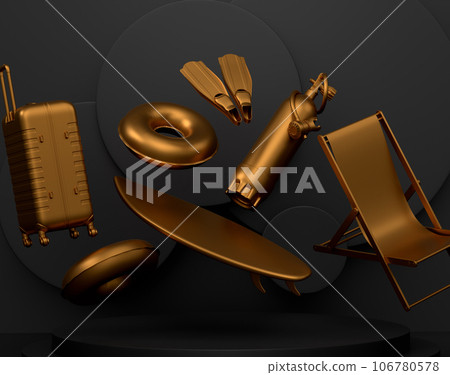 Luggage with beach accessories on podium on monochrome background. 106780578