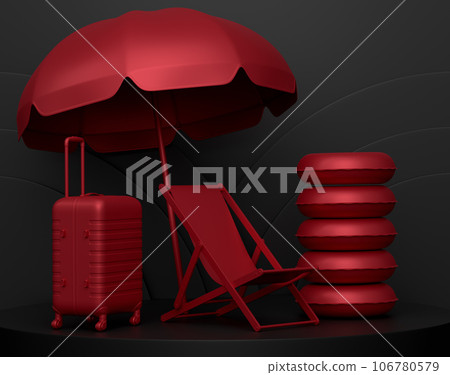 Beach rings, chair, umbrellas and lugagge on podium on monochrome background. Beach rings, chair, umbrellas and lugagge on podium on monochrome background. 106780579