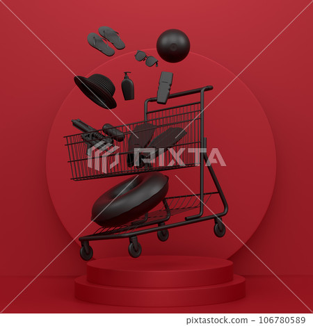 Beach accessories like flip flops, umbrella and hat on podium on monochrome Beach accessories like flip flops, umbrella and hat on podium on monochrome 106780589