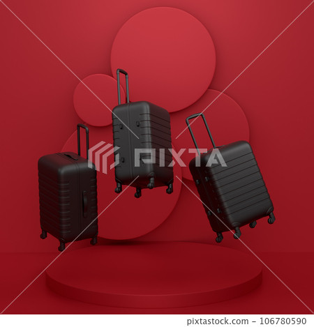 Suitcase and baggage on podium or pedestal on monochrome background. Suitcase and baggage on podium or pedestal on monochrome background. 106780590