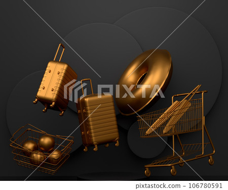 Luggage with beach accessories on podium on monochrome background. Luggage with beach accessories on podium on monochrome background. 106780591