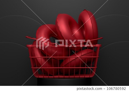 Inflatable rings and beach ball on podium on monochrome background. Inflatable rings and beach ball on podium on monochrome background. 106780592
