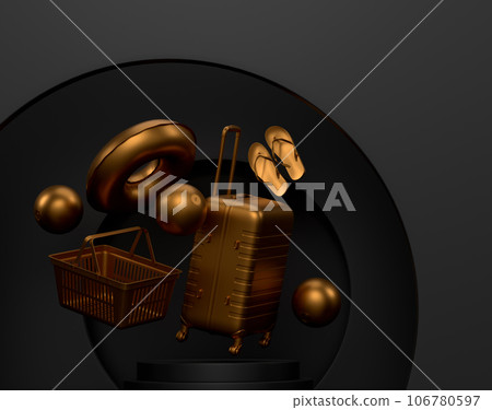Luggage with beach accessories on podium on monochrome background. Luggage with beach accessories on podium on monochrome background. 106780597