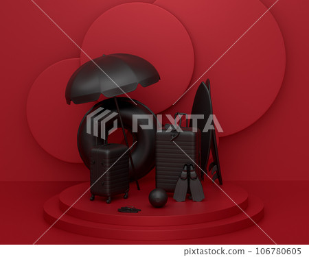 Beach surf, chair, umbrellas and lugagge on podium on monochrome background. Beach surf, chair, umbrellas and lugagge on podium on monochrome background. 106780605