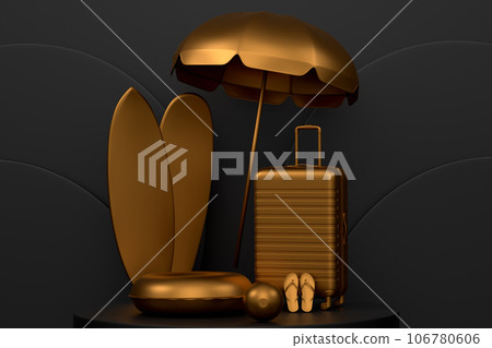 Beach surf, chair, umbrellas and lugagge on podium on monochrome background. 106780606