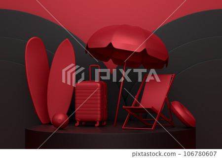 Beach surf, chair, umbrellas and lugagge on podium on monochrome background. 106780607