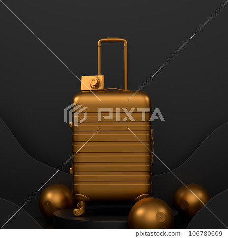Luggage with beach accessories on podium on monochrome background. Luggage with beach accessories on podium on monochrome background. 106780609