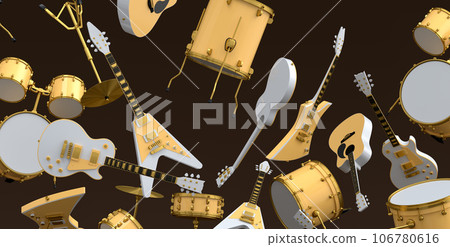 Many of flying acoustic guitars, drums with metal cymbals or drumset on black Many of flying acoustic guitars, drums with metal cymbals or drumset on black 106780616