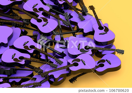 Heap of flying acoustic guitars isolated on yellow background. 106780620