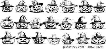 Halloween pumpkin set sketch illustration. Hand drawn vector illustration. Jack o' Lantern. Vintage design for Halloween. Design elements Pumpkin paint on a white background. Halloween pumpkin set sketch illustration. Hand drawn vector illustration. Jack o' Lantern. Vintage design for Halloween. Design elements Pumpkin paint on a white background. 106780698