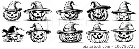 Halloween pumpkin set sketch illustration. Hand drawn vector illustration. Jack o' Lantern. Vintage design for Halloween. Design elements Pumpkin paint on a white background.  106780725