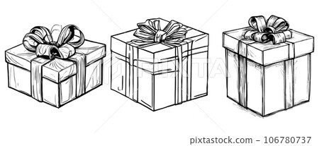 Vector set of Christmas or birthday ornate present boxes simple line sketch isolated on white. sketch art Vector set of Christmas or birthday ornate present boxes simple line sketch isolated on white. sketch art 106780737