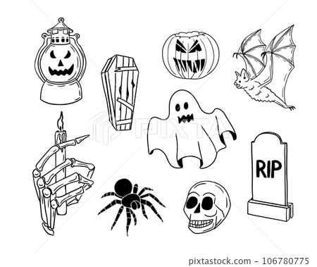Scary sketch single line hand drawn halloween set 106780775
