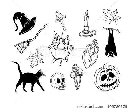 Flat doodle hand drawn halloween witch things Flat doodle hand drawn halloween witch things 106780776
